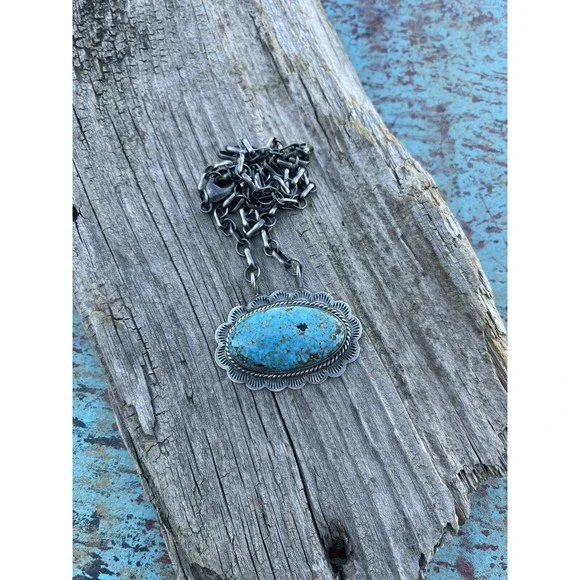 Navajo Sterling Silver & Royston Turquoise Stone Southwest Necklace Signed